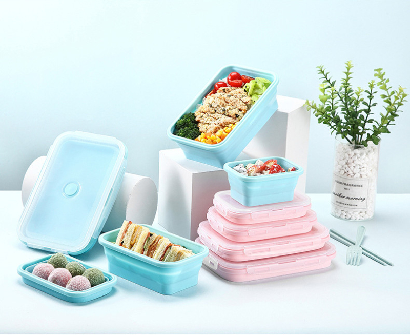 4Sizes Silicone Collapsible Lunch Box Food Storage Container Colorful Microwavable Portable Picnic Camping Rectangle Outdoor Box