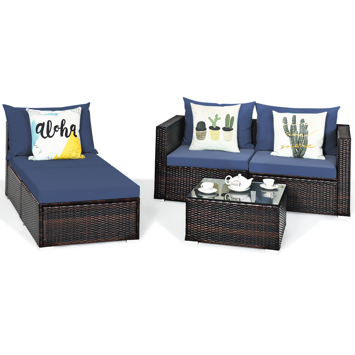 5PCS Patio Rattan Furniture Set Sectional Conversation Sofa w/ Coffee Table HW66521