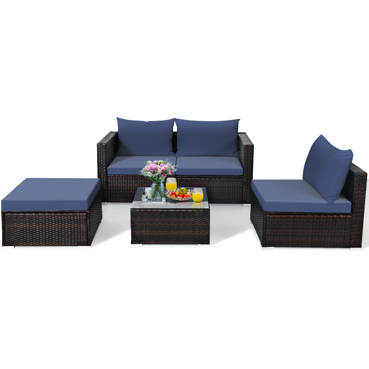 5PCS Patio Rattan Furniture Set Sectional Conversation Sofa w/ Coffee Table HW66521