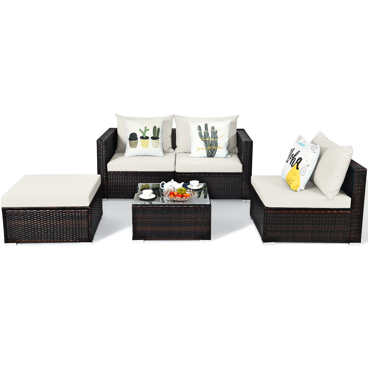 5PCS Patio Rattan Furniture Set Sectional Conversation Sofa w/ Coffee Table HW66521