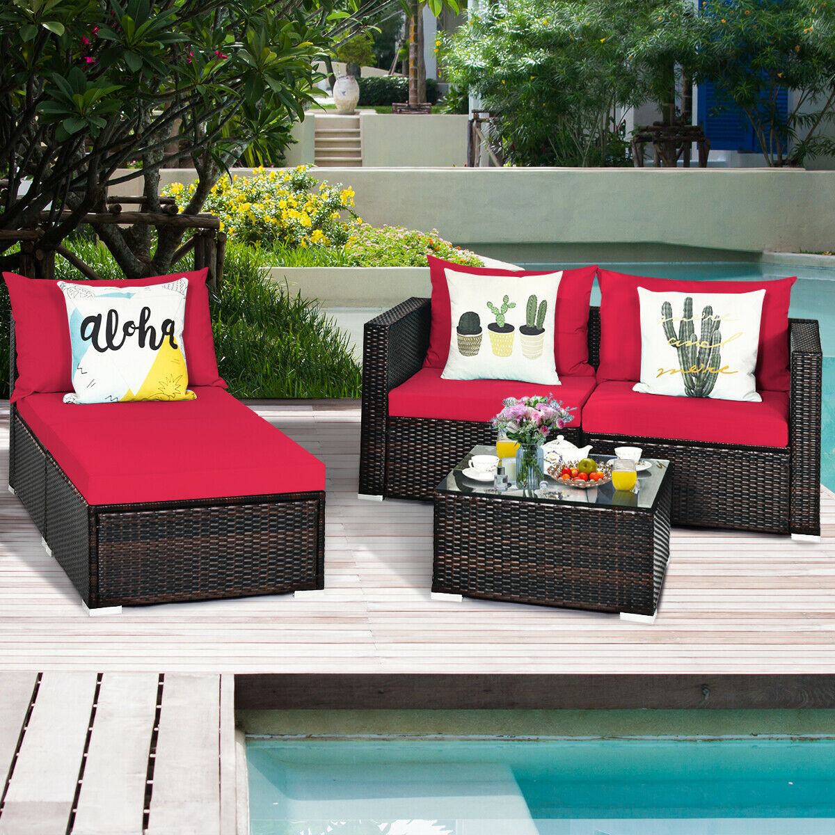 5PCS Patio Rattan Furniture Set Sectional Conversation Sofa w/ Coffee Table HW66521