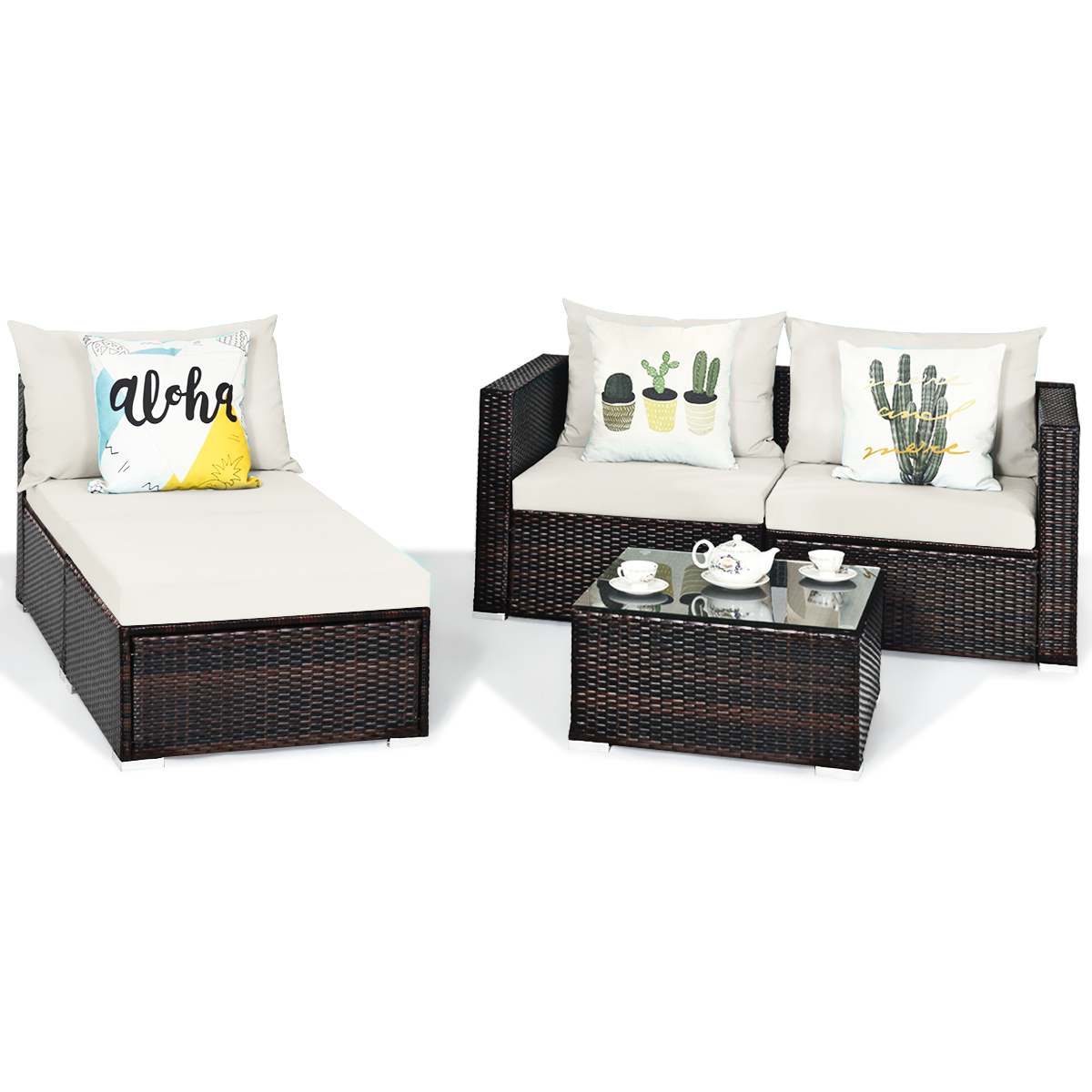 5PCS Patio Rattan Furniture Set Sectional Conversation Sofa w/ Coffee Table HW66521