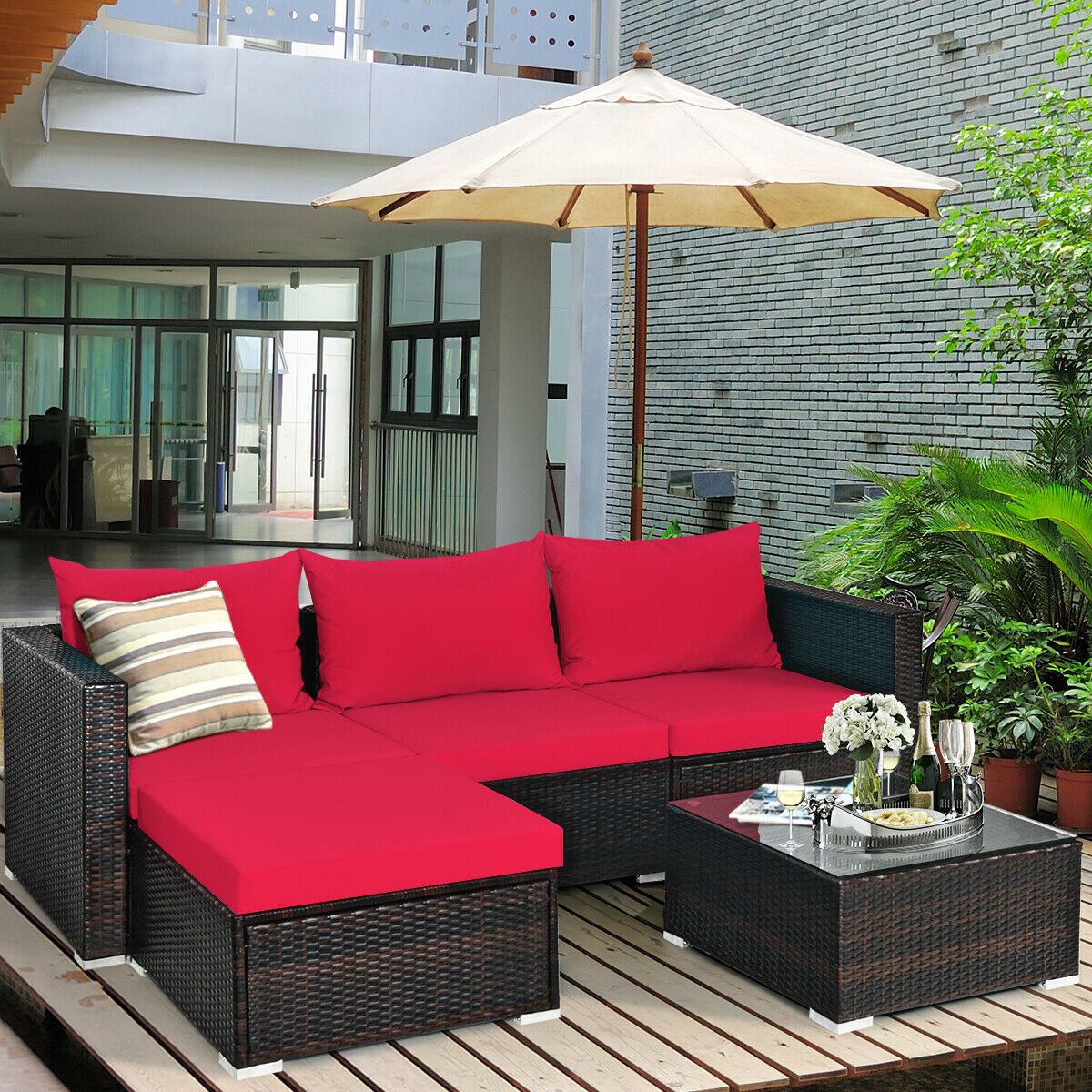 5PCS Patio Rattan Furniture Set Sectional Conversation Sofa w/ Coffee Table HW66521