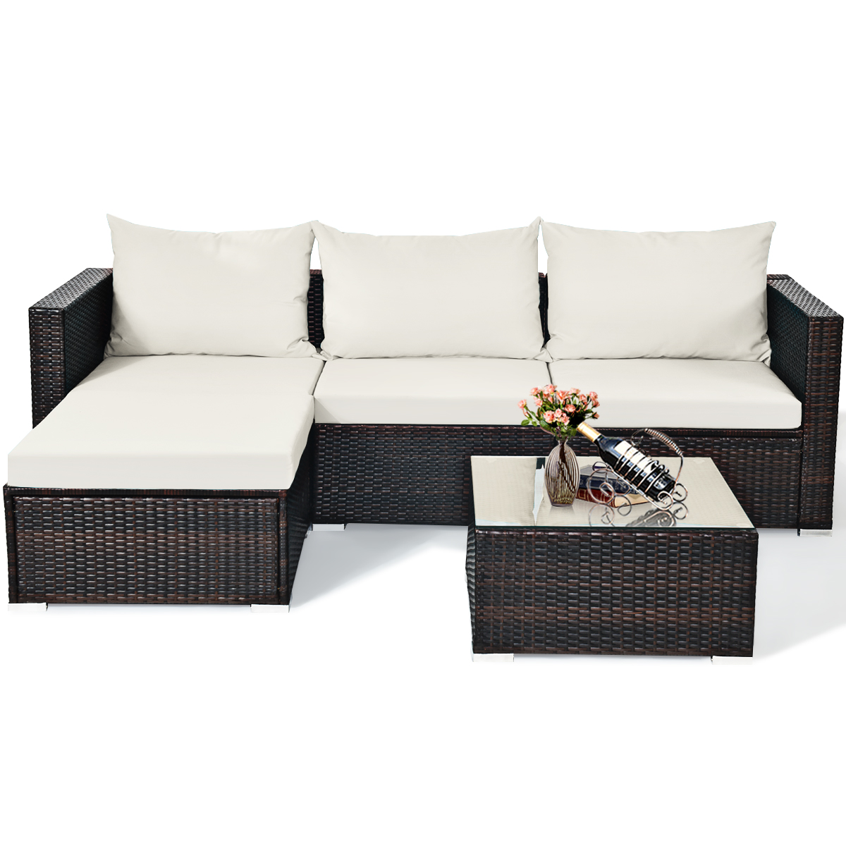 5PCS Patio Rattan Furniture Set Sectional Conversation Sofa w/ Coffee Table HW66521