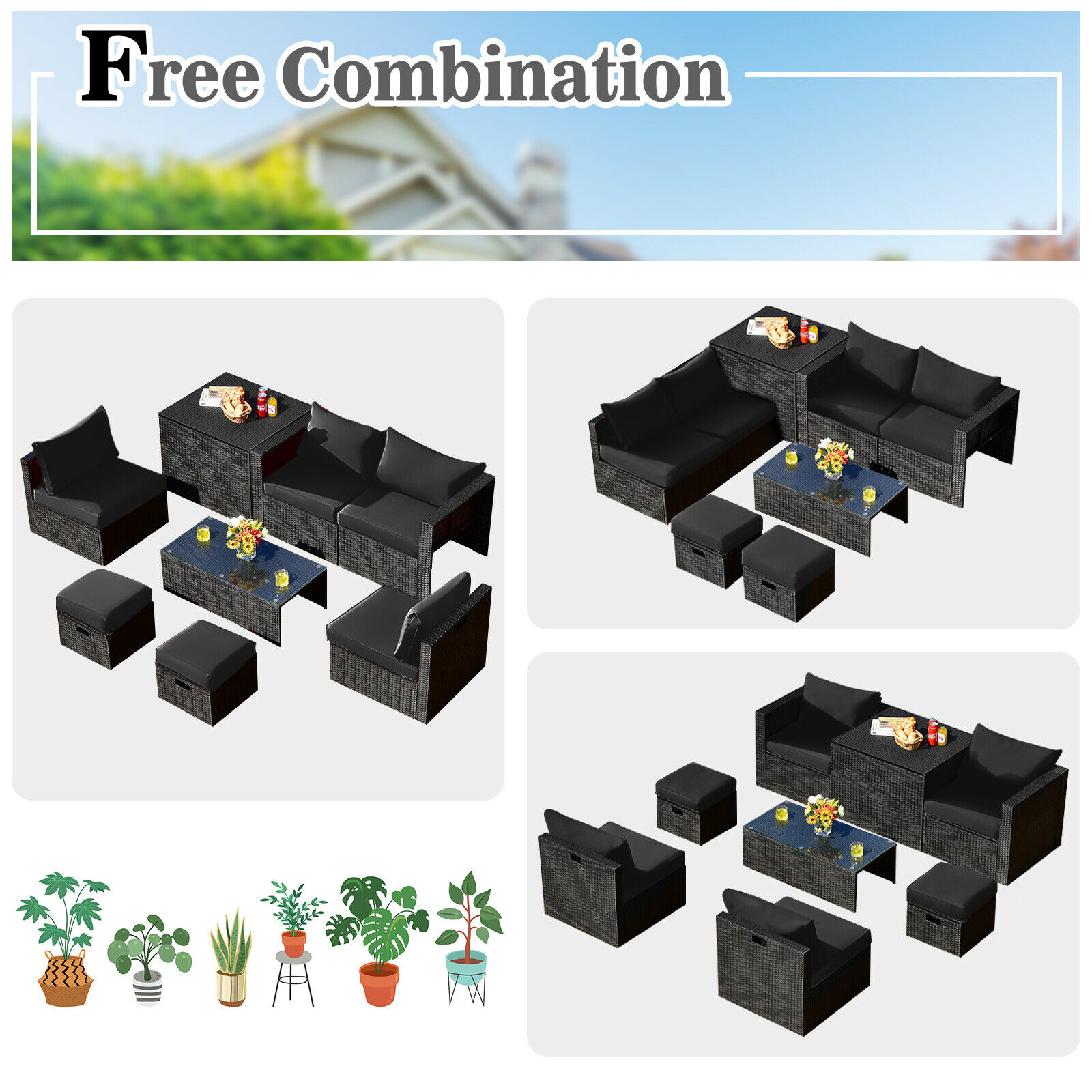 Patiojoy 8PCS Patio Rattan Furniture Set Storage Table Ottoman Black HW68605DK+