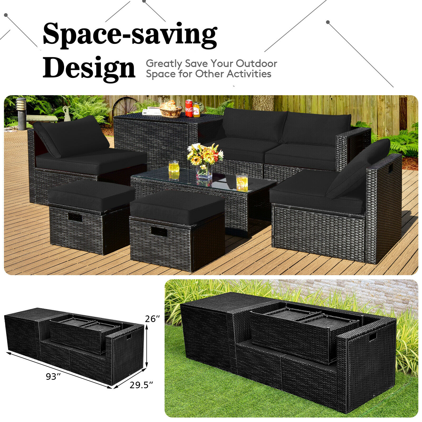 Patiojoy 8PCS Patio Rattan Furniture Set Storage Table Ottoman Black HW68605DK+