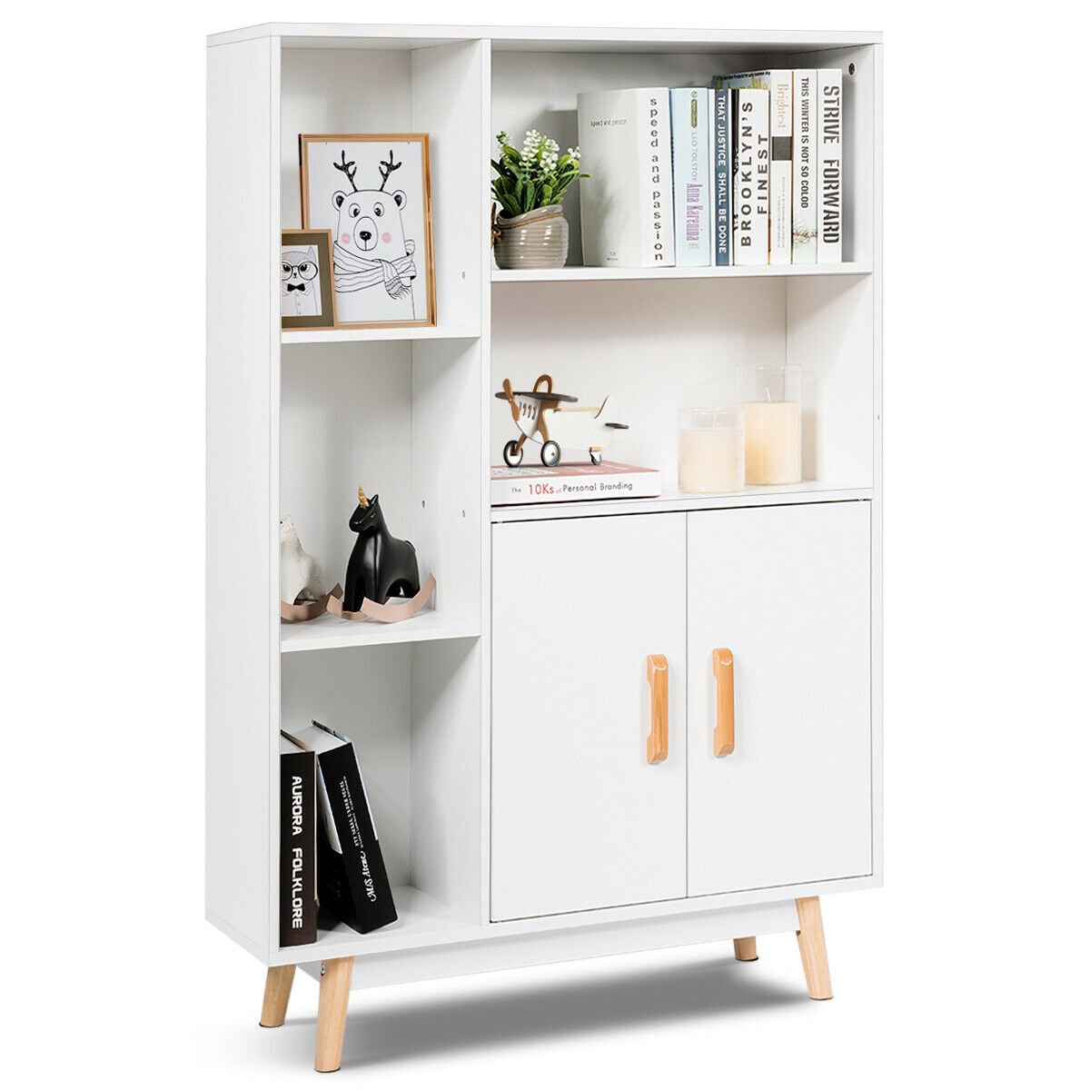 Floor Storage Cabinet Free Standing Wooden Display Bookcase Side Decor Furniture HW63875