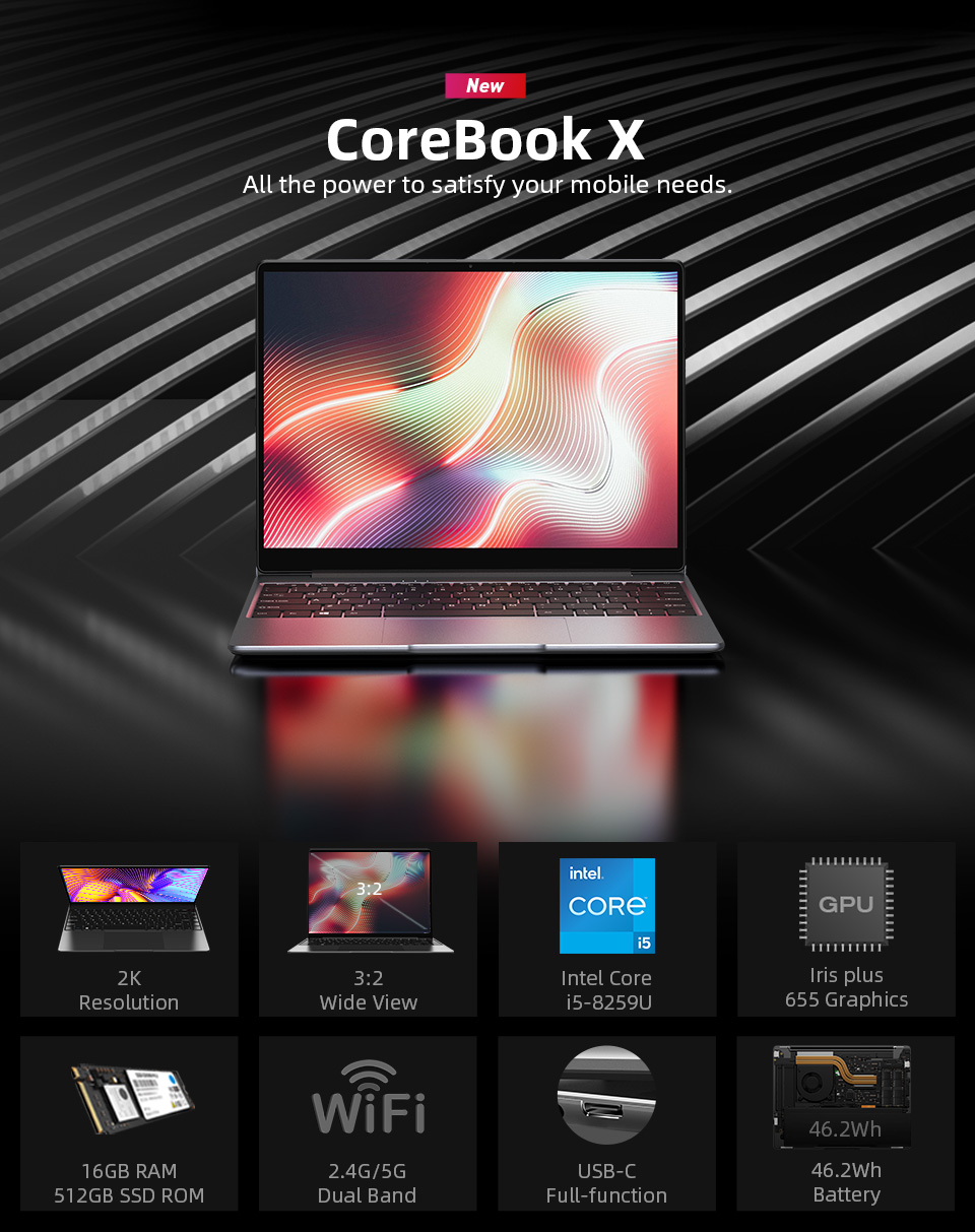 CHUWI CoreBook X 14" 2K Screen Intel Core i5-8259U Iris Plus Graphics 655 GPU 16GB RAM 512GB SSD Windows 10 Laptop