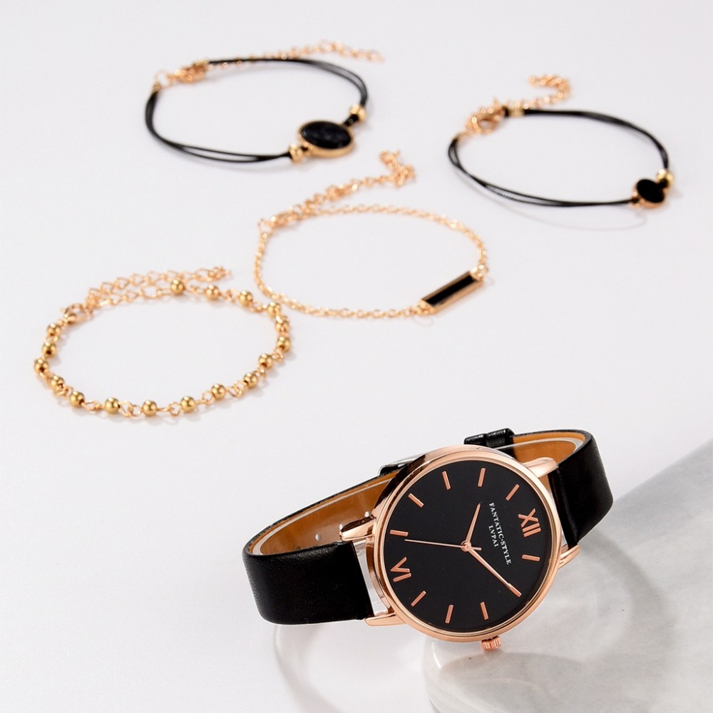 5pcs Set Top Style Fashion Women's Luxury Leather Band Analog Quartz WristWatch Ladies Watch Women Dress Reloj Mujer Black Clock