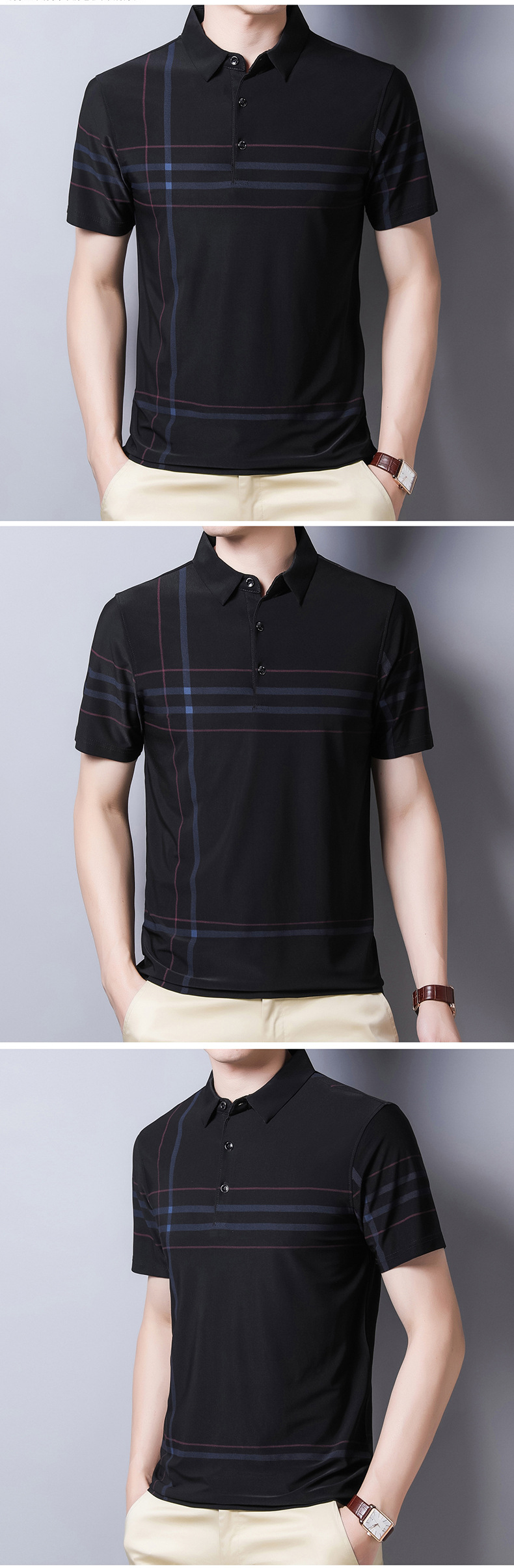 Ymwmhu Fashion Slim Men Polo Shirt Black Short Sleeve Summer Thin Shirt Streetwear Striped Male Polo Shirt for Korean Clothing