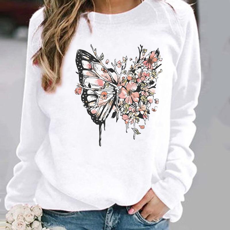 Pullovers Flower Butterfly Lovely Womens Clothing Ladies Spring Autumn Winter Hoodies Woman Female O-neck Casual Sweatshirts