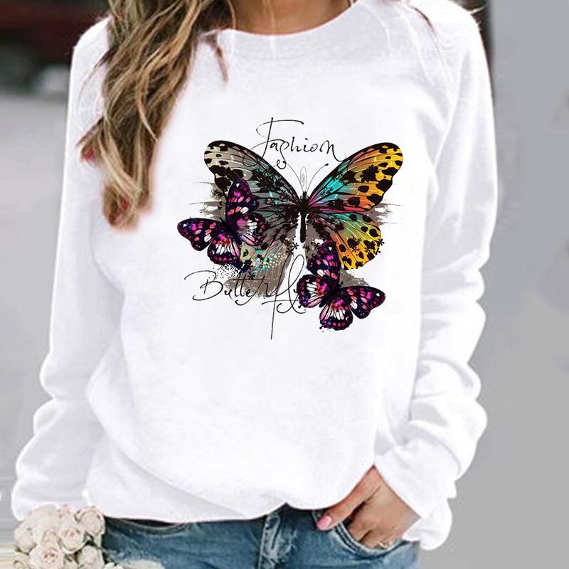 Pullovers Flower Butterfly Lovely Womens Clothing Ladies Spring Autumn Winter Hoodies Woman Female O-neck Casual Sweatshirts