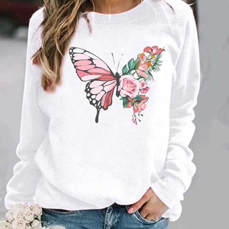 Pullovers Flower Butterfly Lovely Womens Clothing Ladies Spring Autumn Winter Hoodies Woman Female O-neck Casual Sweatshirts