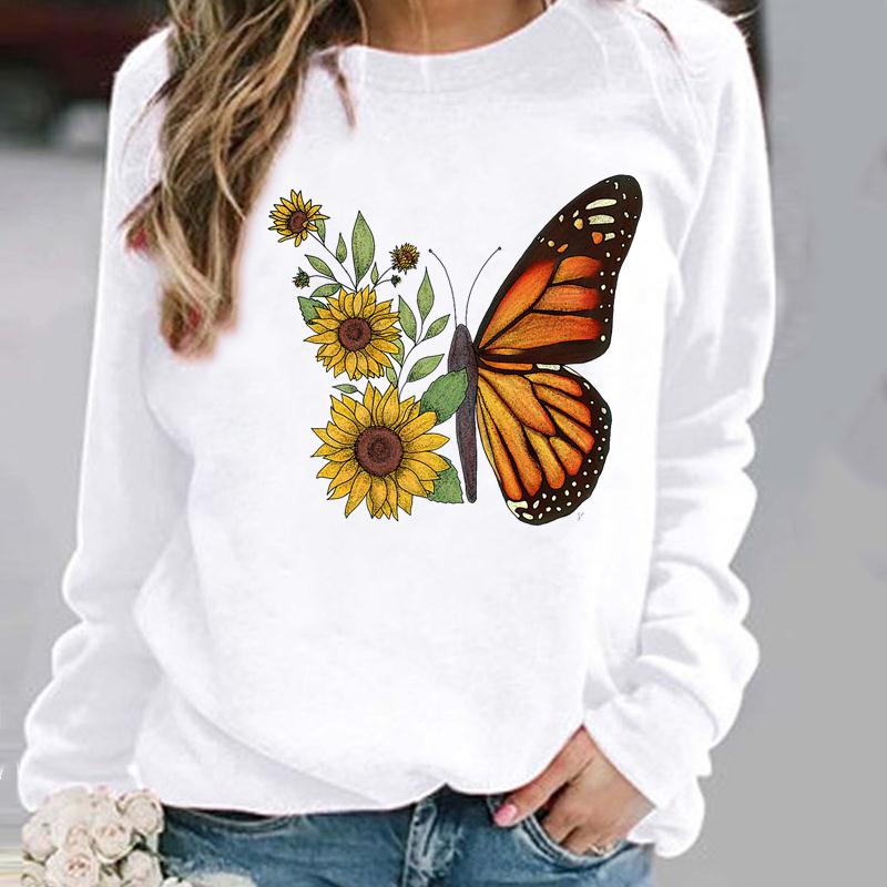 Pullovers Flower Butterfly Lovely Womens Clothing Ladies Spring Autumn Winter Hoodies Woman Female O-neck Casual Sweatshirts