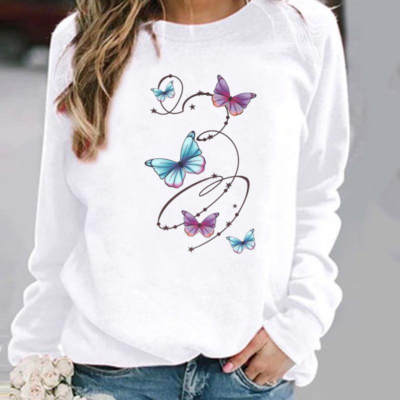 Pullovers Flower Butterfly Lovely Womens Clothing Ladies Spring Autumn Winter Hoodies Woman Female O-neck Casual Sweatshirts