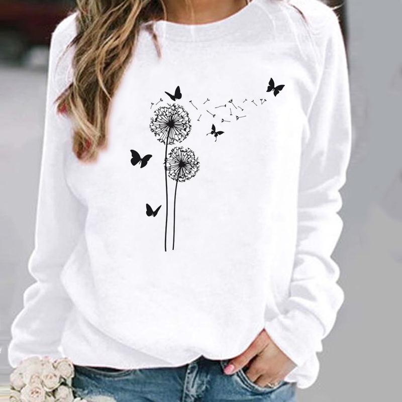 Pullovers Flower Butterfly Lovely Womens Clothing Ladies Spring Autumn Winter Hoodies Woman Female O-neck Casual Sweatshirts