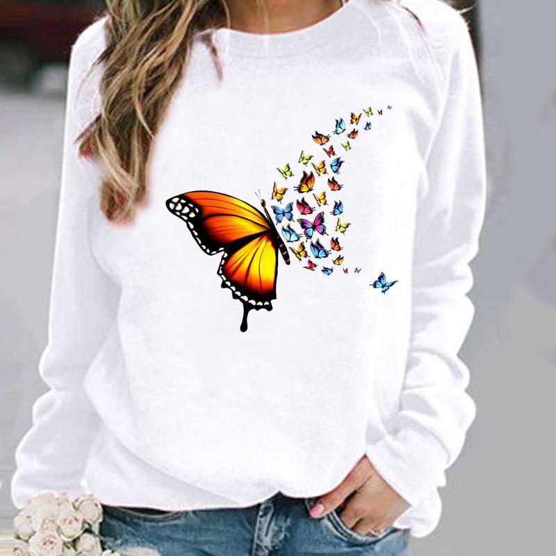 Pullovers Flower Butterfly Lovely Womens Clothing Ladies Spring Autumn Winter Hoodies Woman Female O-neck Casual Sweatshirts