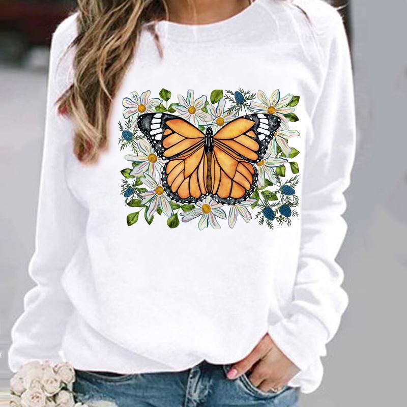 Pullovers Flower Butterfly Lovely Womens Clothing Ladies Spring Autumn Winter Hoodies Woman Female O-neck Casual Sweatshirts