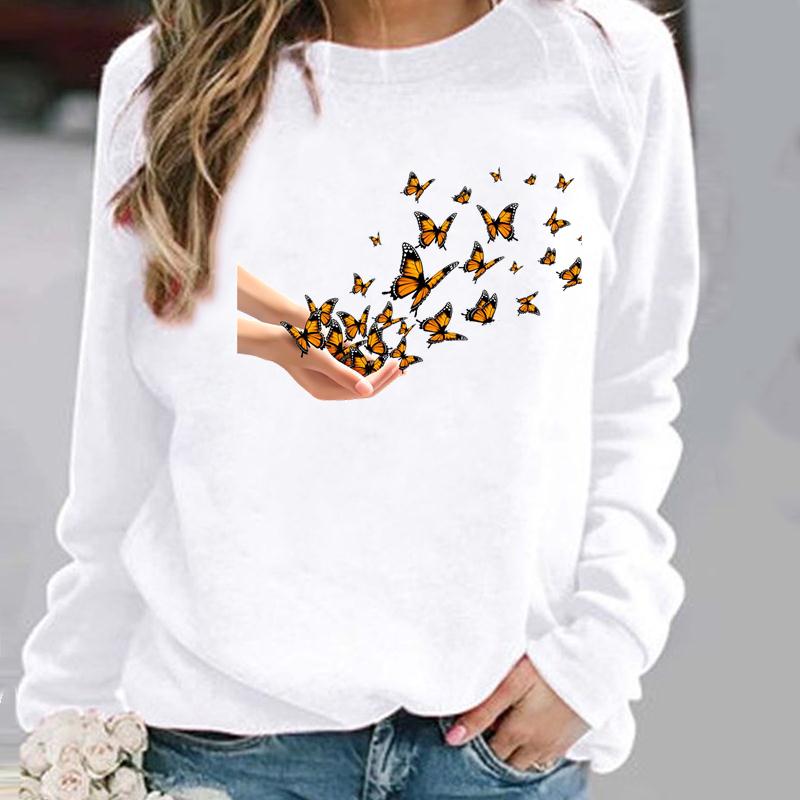 Pullovers Flower Butterfly Lovely Womens Clothing Ladies Spring Autumn Winter Hoodies Woman Female O-neck Casual Sweatshirts