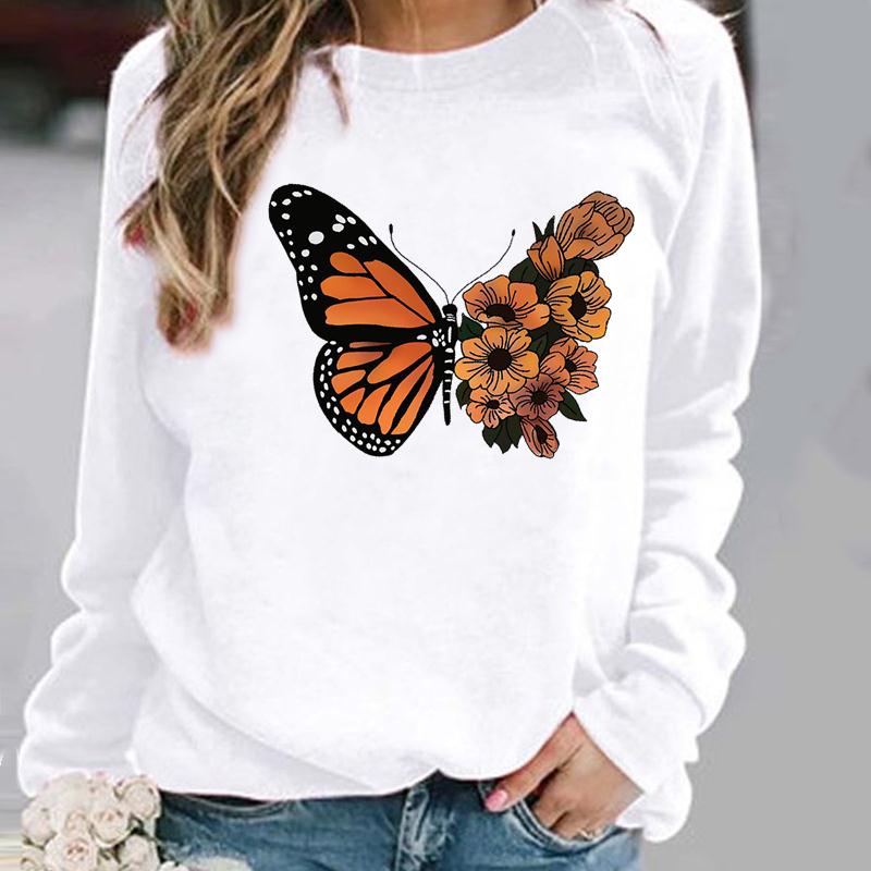 Pullovers Flower Butterfly Lovely Womens Clothing Ladies Spring Autumn Winter Hoodies Woman Female O-neck Casual Sweatshirts