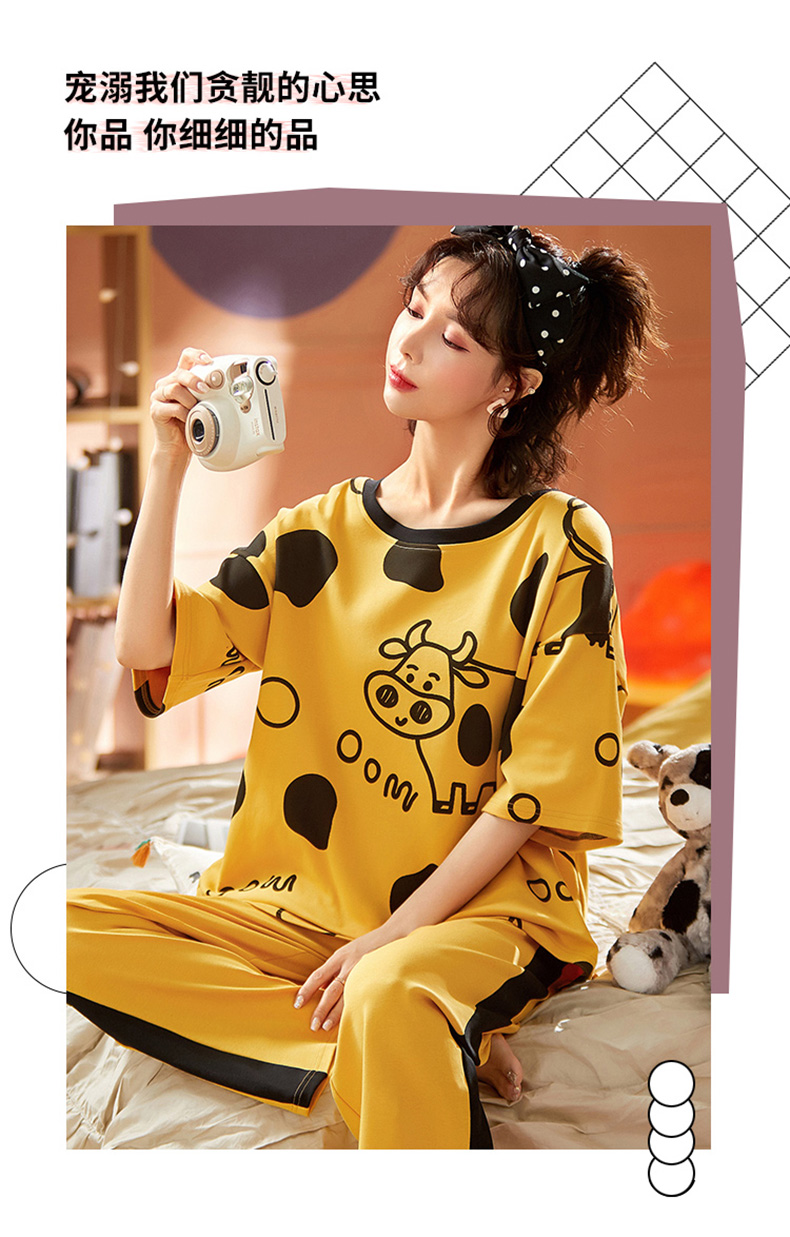 Spring Loungewear Women Crew Neck Pjs Women Homesuit Homeclothes Fashion Style Cartoon Printing Short Sleeve Long Pants Pj Set