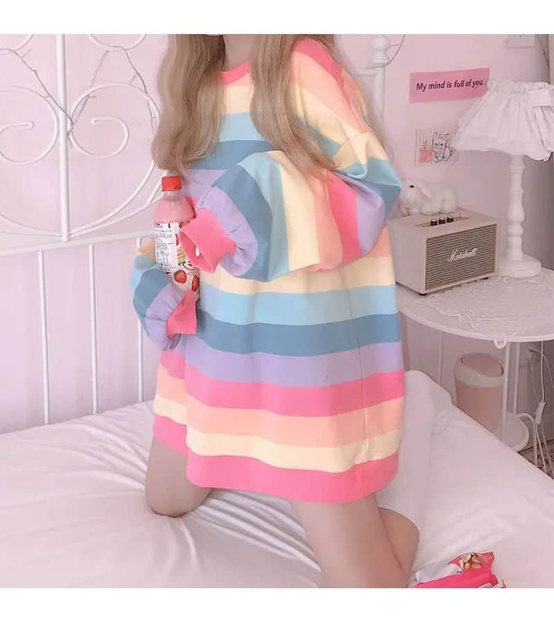 Women's Jacket Autumn Winter Rainbow Striped Long-sleeved Hoodless Shirt Harajuku Female Student Korean Version Tide Loose Thin