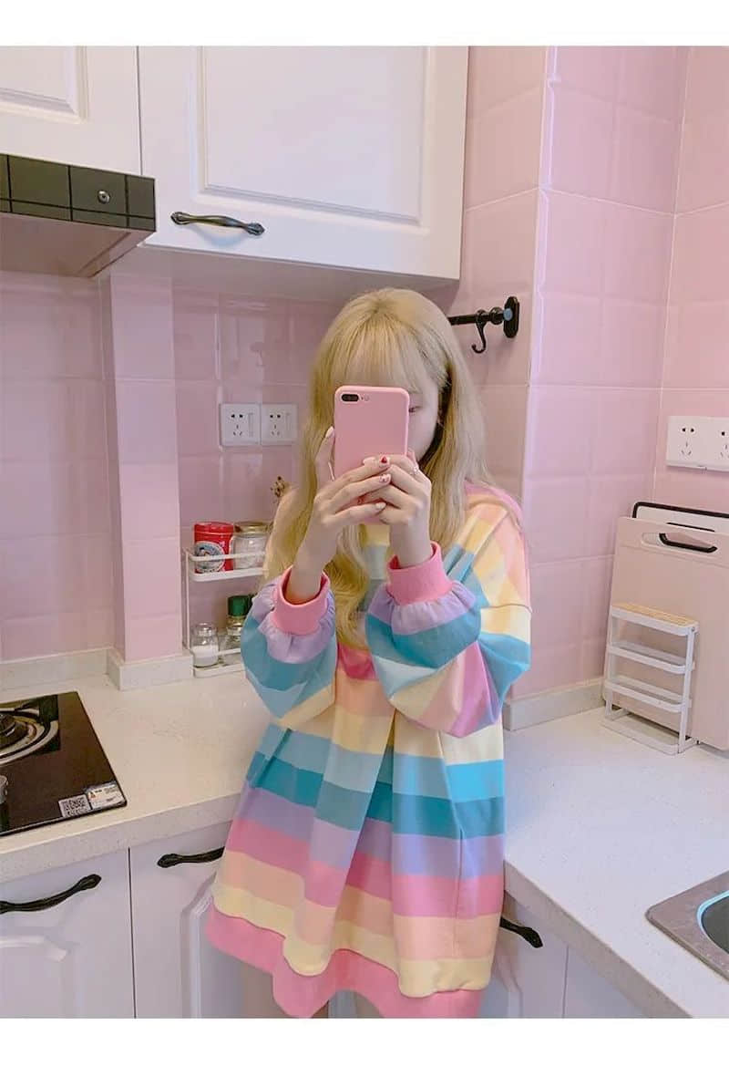 Women's Jacket Autumn Winter Rainbow Striped Long-sleeved Hoodless Shirt Harajuku Female Student Korean Version Tide Loose Thin