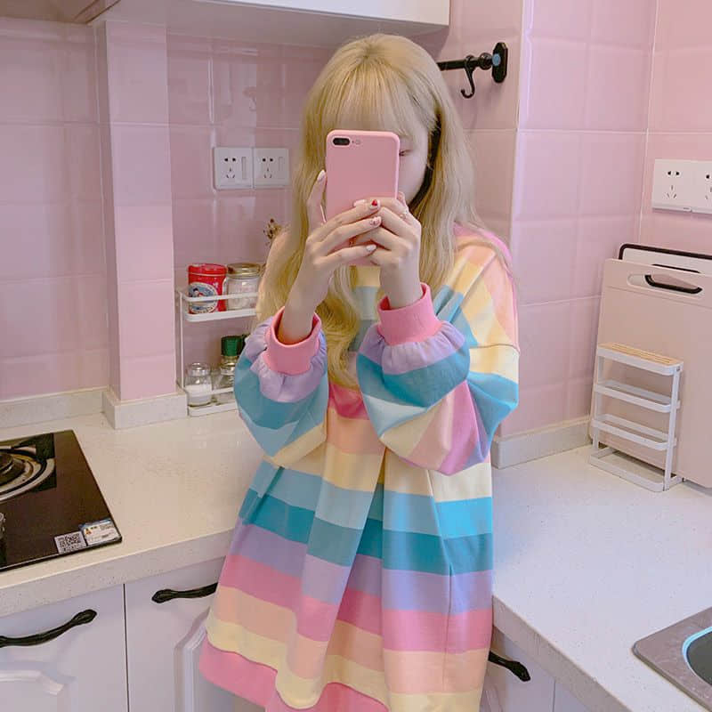 Women's Jacket Autumn Winter Rainbow Striped Long-sleeved Hoodless Shirt Harajuku Female Student Korean Version Tide Loose Thin