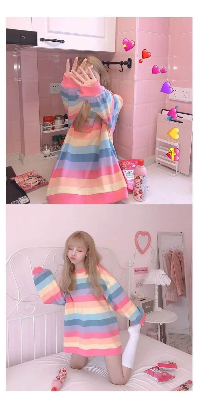 Women's Jacket Autumn Winter Rainbow Striped Long-sleeved Hoodless Shirt Harajuku Female Student Korean Version Tide Loose Thin