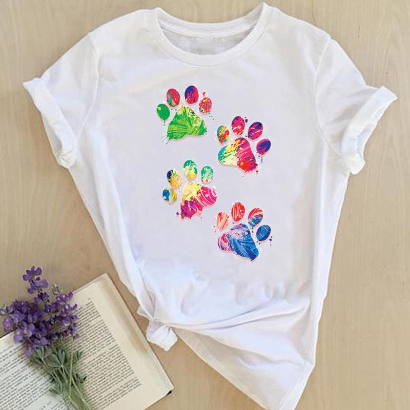 Women Print Tops Clothes Short Sleeve Tees Female Summer Beach Paw Cat Dog Love Fashion Lady Tshirt Regular Graphic T-Shirt