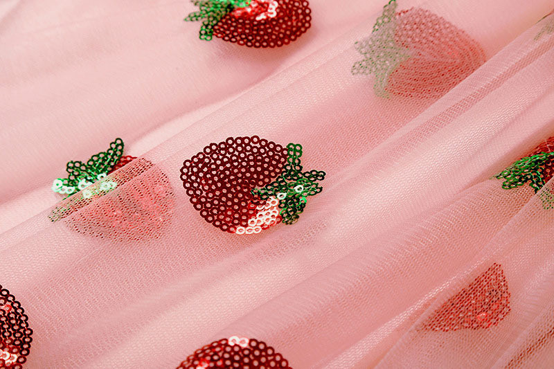 ISAROSE 2022 Strawberry Dress Women Deep V Puff Sleeve Sweet Voile Mesh Sequins Embroidery French Party Dresses 4XL 5XL