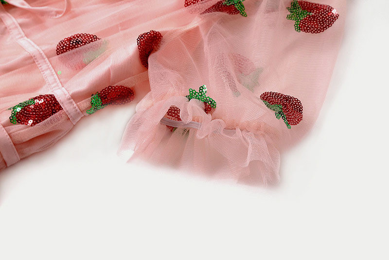 ISAROSE 2022 Strawberry Dress Women Deep V Puff Sleeve Sweet Voile Mesh Sequins Embroidery French Party Dresses 4XL 5XL