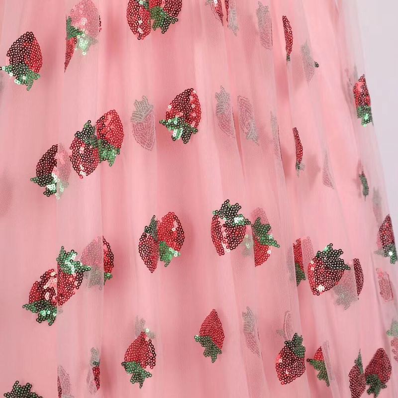 ISAROSE 2022 Strawberry Dress Women Deep V Puff Sleeve Sweet Voile Mesh Sequins Embroidery French Party Dresses 4XL 5XL