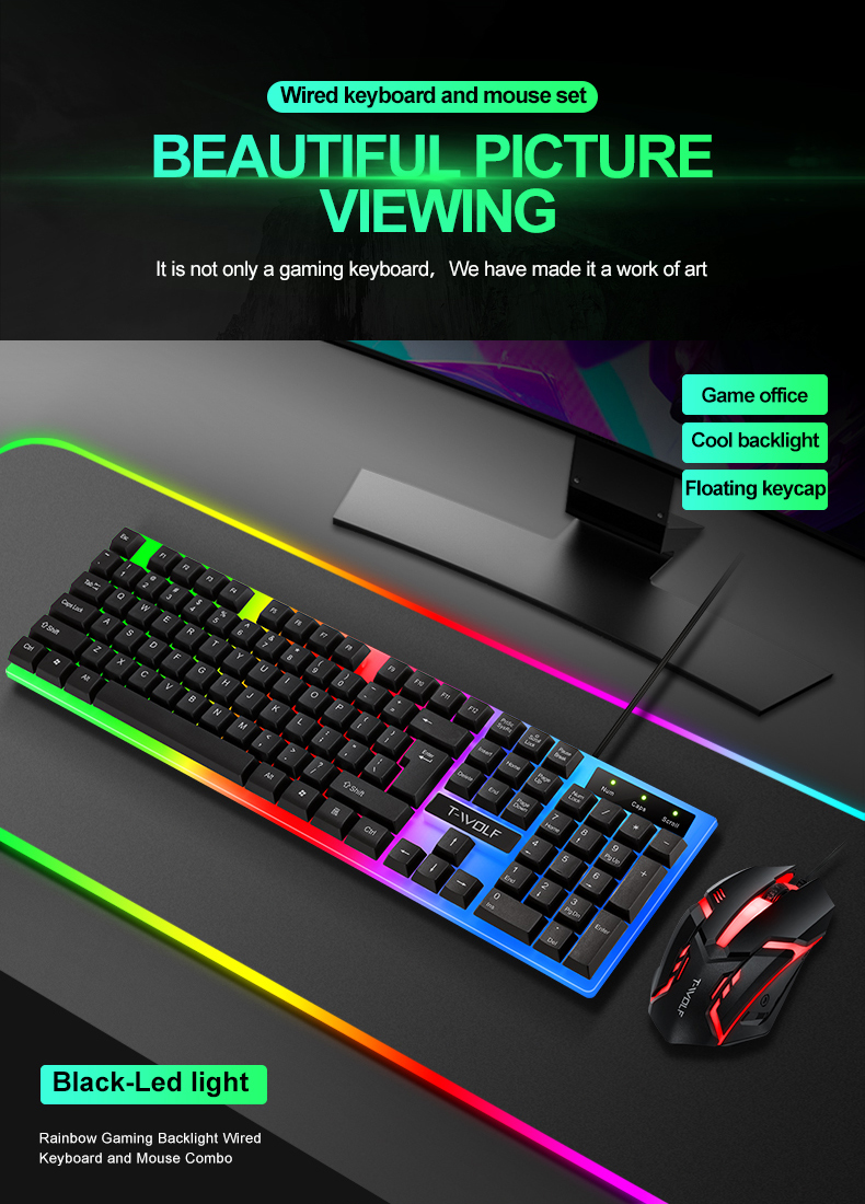 Keyboard Set English Wired Gaming Mouse and Keyboard Set Rainbow Backlit Gamer 104 Computer Waterproof Keyboard for PC Laptop