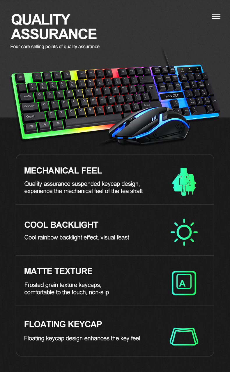 Keyboard Set English Wired Gaming Mouse and Keyboard Set Rainbow Backlit Gamer 104 Computer Waterproof Keyboard for PC Laptop