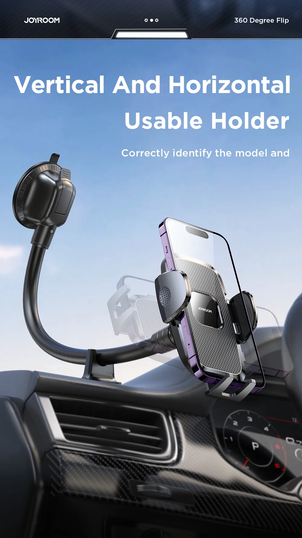 Dashboard Phone Holder for Car【360° Widest View】9in Flexible Long Arm, Universal Handsfree Auto Windshield Air Vent Phone Mount