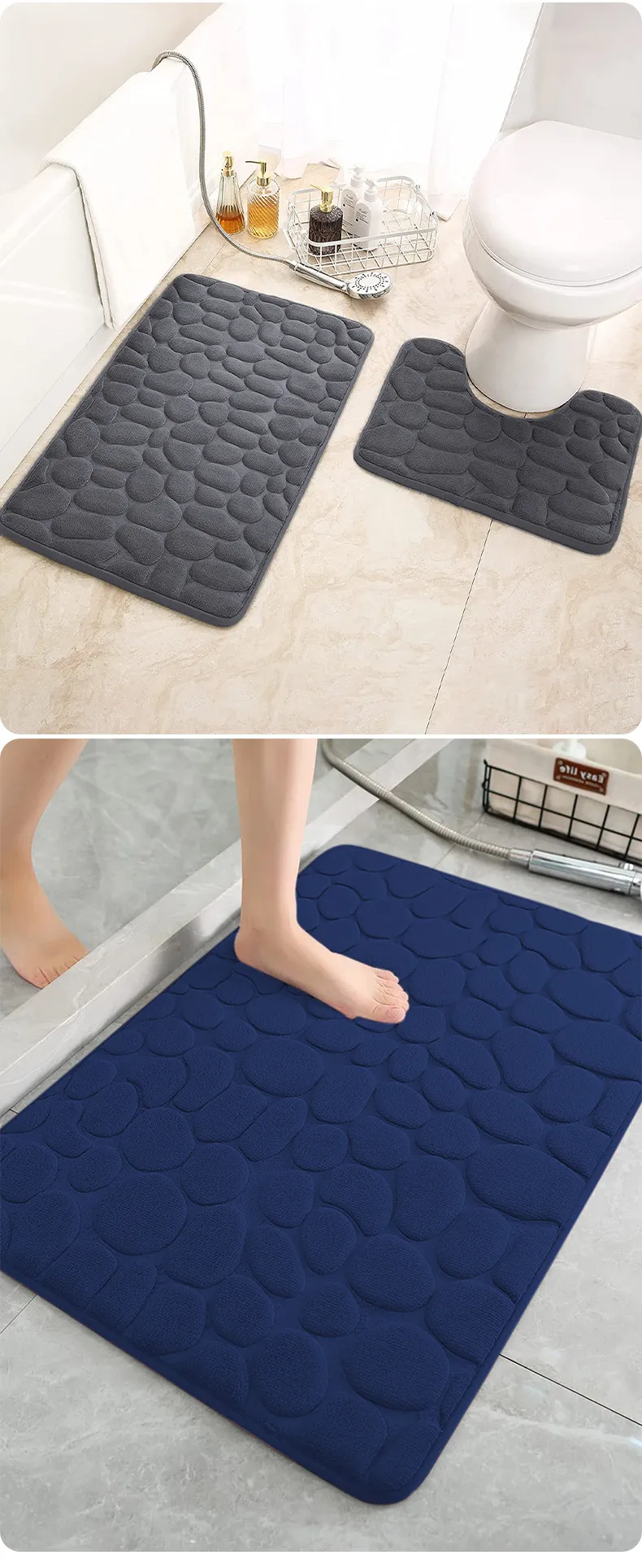 Bathroom Bath Mat Coral Velvet Non Slip Mats Floor Rug Water Absorbent Doormat 3D Cobblestone Embossed Foot Mat Shower Room Rug