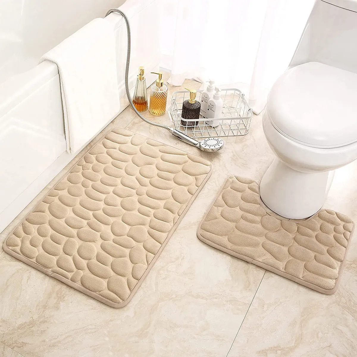 Bathroom Bath Mat Coral Velvet Non Slip Mats Floor Rug Water Absorbent Doormat 3D Cobblestone Embossed Foot Mat Shower Room Rug