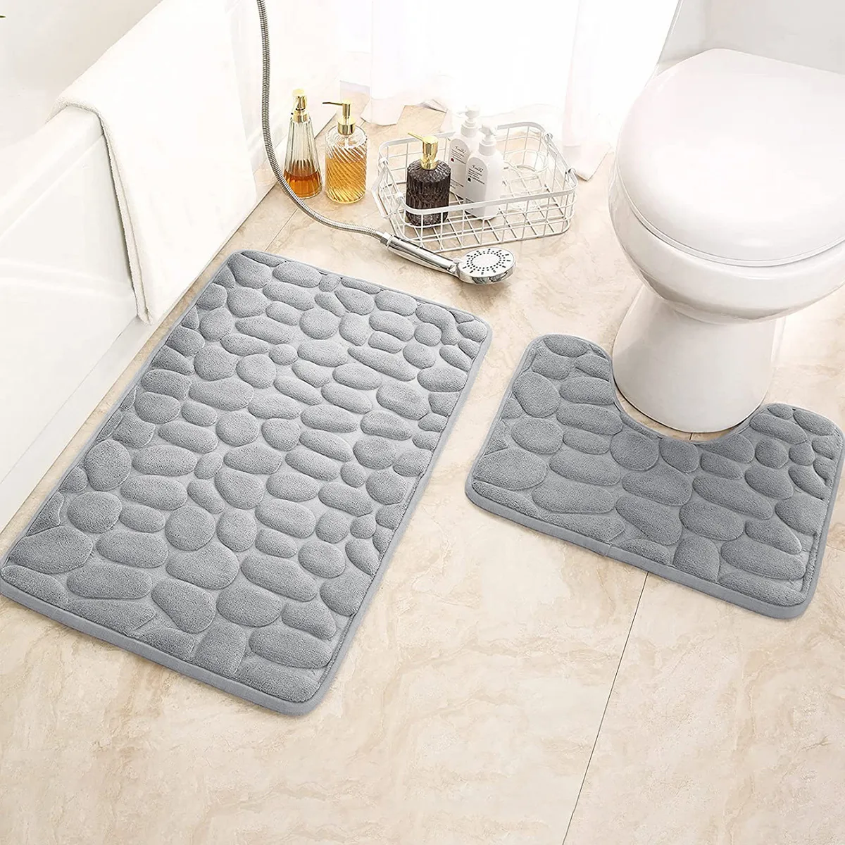 Bathroom Bath Mat Coral Velvet Non Slip Mats Floor Rug Water Absorbent Doormat 3D Cobblestone Embossed Foot Mat Shower Room Rug