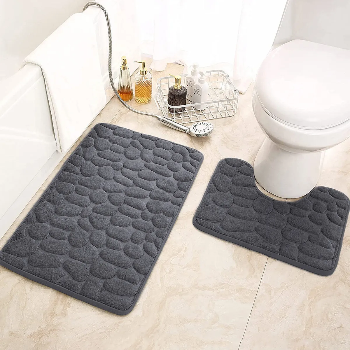 Bathroom Bath Mat Coral Velvet Non Slip Mats Floor Rug Water Absorbent Doormat 3D Cobblestone Embossed Foot Mat Shower Room Rug