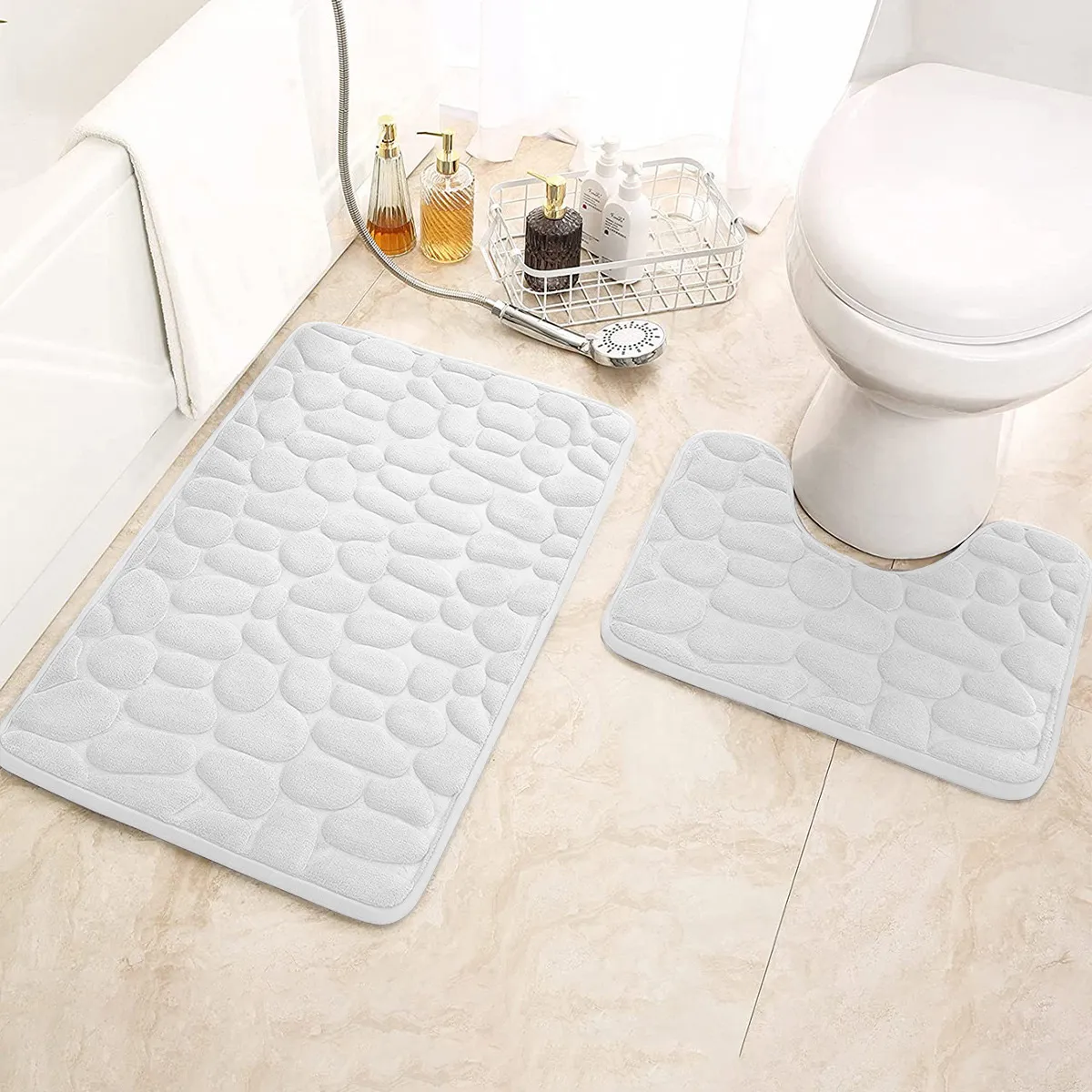 Bathroom Bath Mat Coral Velvet Non Slip Mats Floor Rug Water Absorbent Doormat 3D Cobblestone Embossed Foot Mat Shower Room Rug