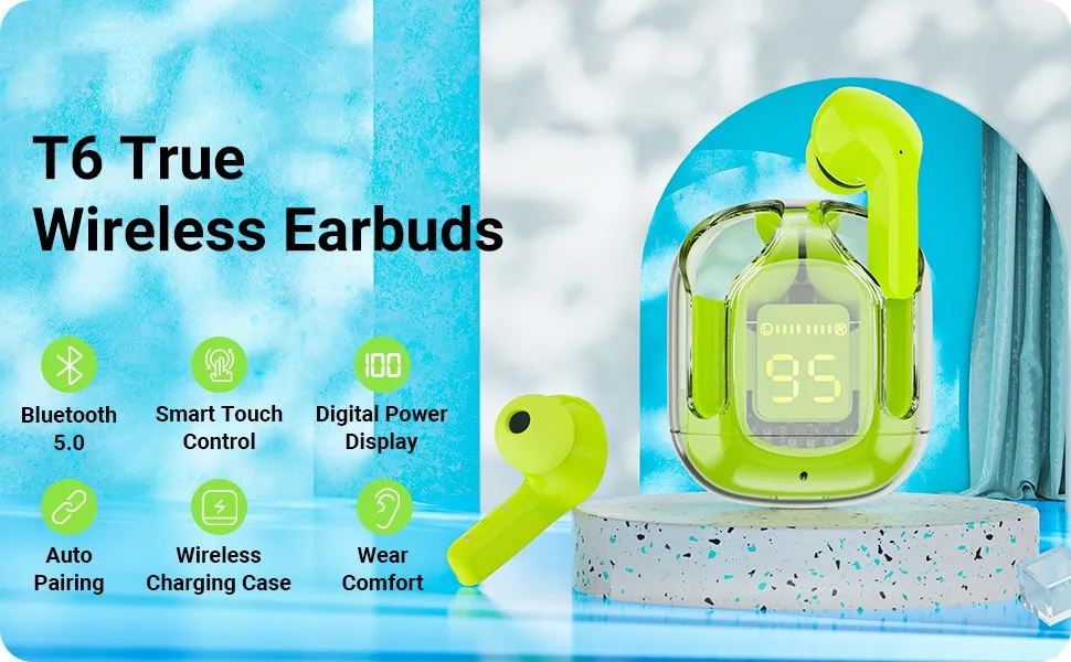 T6 Tws Earpuds Wireless Bluetooth 5.0 Sport Gaming Headsets Noise Reduction Earbuds Mic Headphones with LED Display Earphones