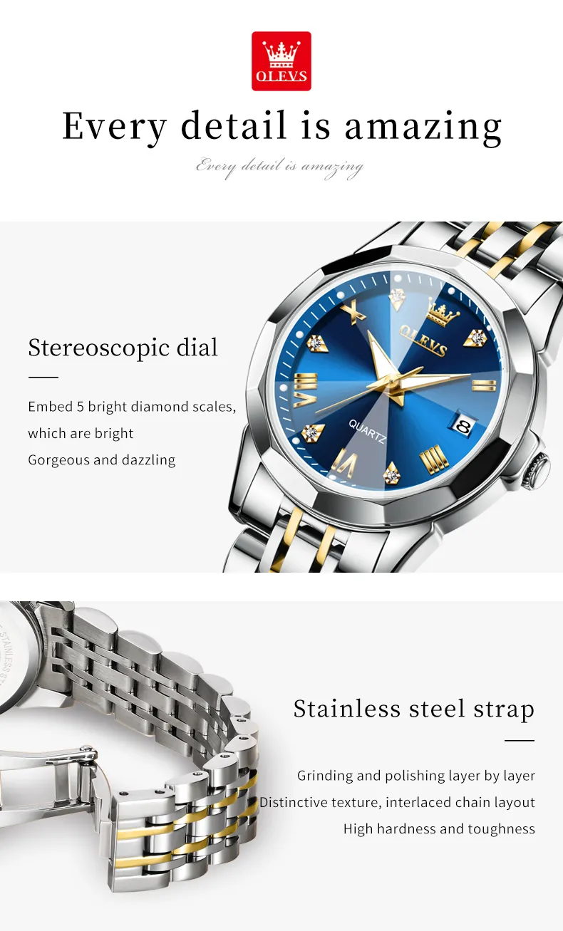 OLEVS Couple Watch Set for His Hers Quartz Wristwatch Men Women Solid Stainless Steel Strap Rhombus Design Lover's Watch Gifts