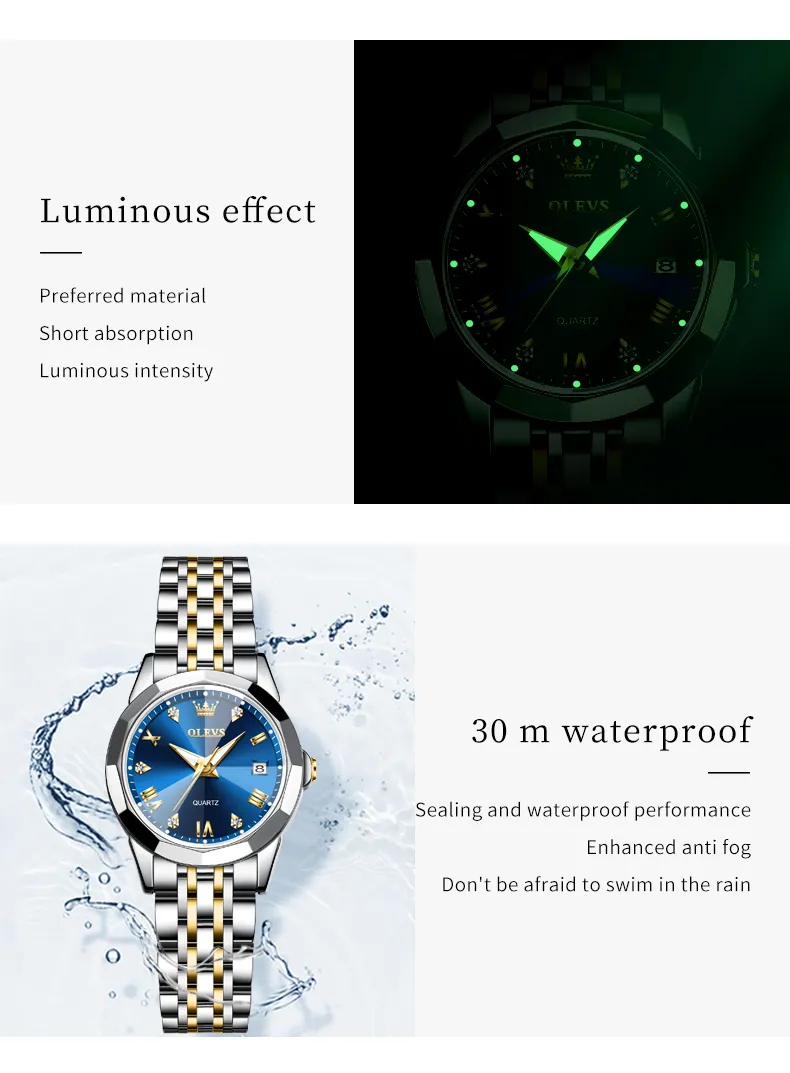 OLEVS Couple Watch Set for His Hers Quartz Wristwatch Men Women Solid Stainless Steel Strap Rhombus Design Lover's Watch Gifts