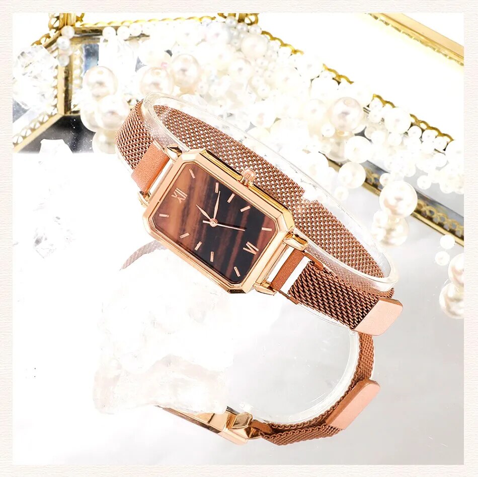 Women Watches Fashion Square Ladies Quartz Watch Bracelet Set Green Dial Simple Rose Gold Mesh Luxury Women Watches