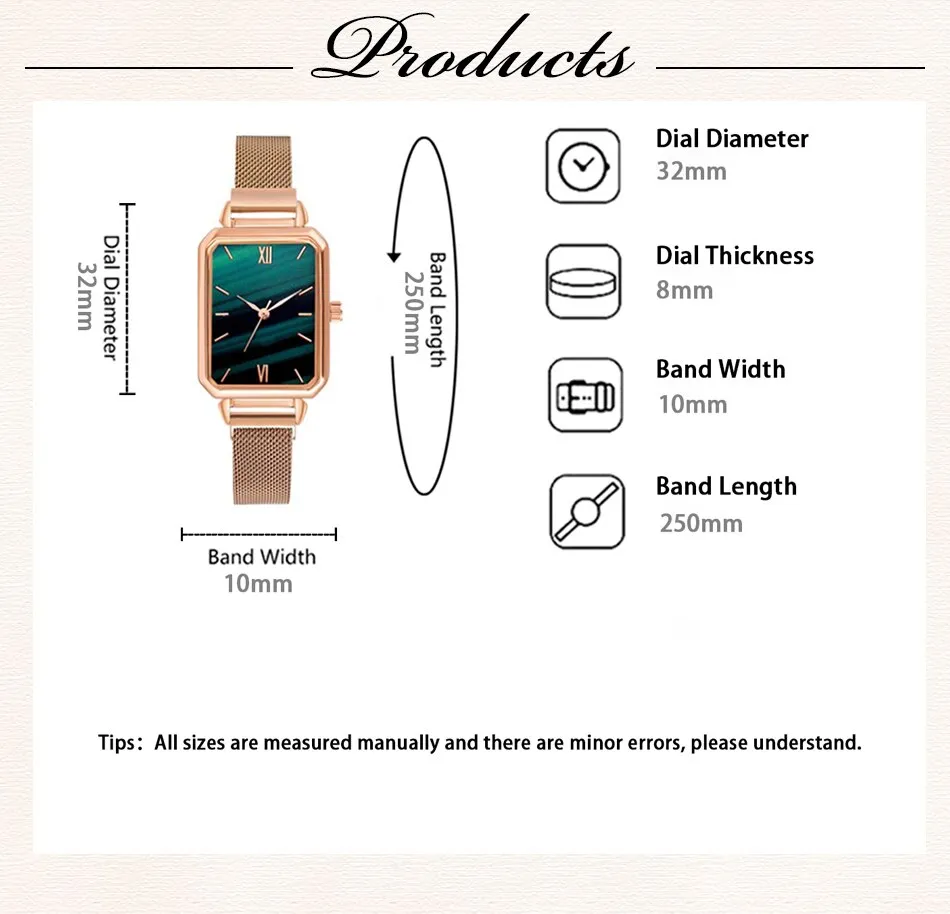 Women Watches Fashion Square Ladies Quartz Watch Bracelet Set Green Dial Simple Rose Gold Mesh Luxury Women Watches