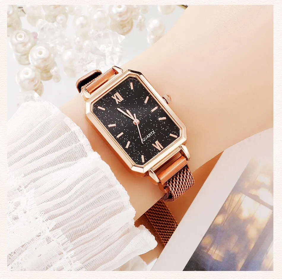 Women Watches Fashion Square Ladies Quartz Watch Bracelet Set Green Dial Simple Rose Gold Mesh Luxury Women Watches