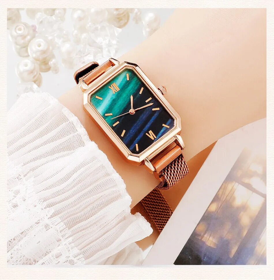 Women Watches Fashion Square Ladies Quartz Watch Bracelet Set Green Dial Simple Rose Gold Mesh Luxury Women Watches