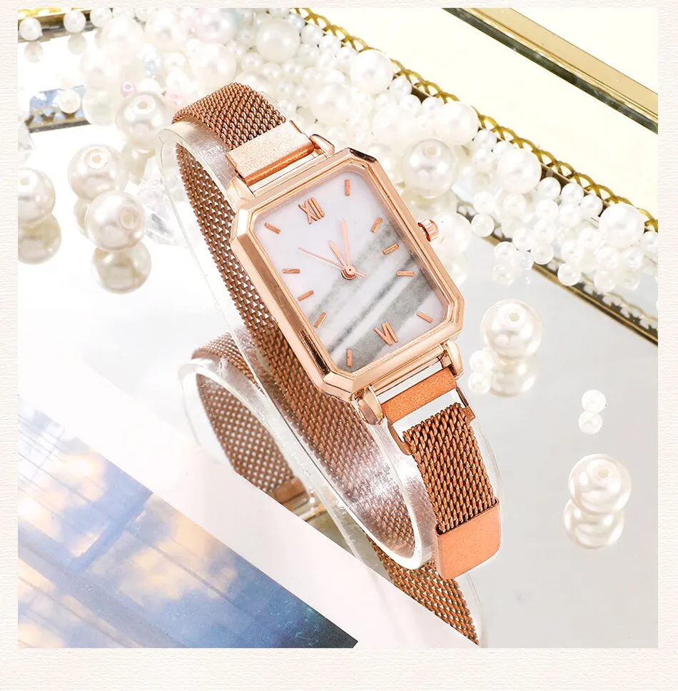 Women Watches Fashion Square Ladies Quartz Watch Bracelet Set Green Dial Simple Rose Gold Mesh Luxury Women Watches