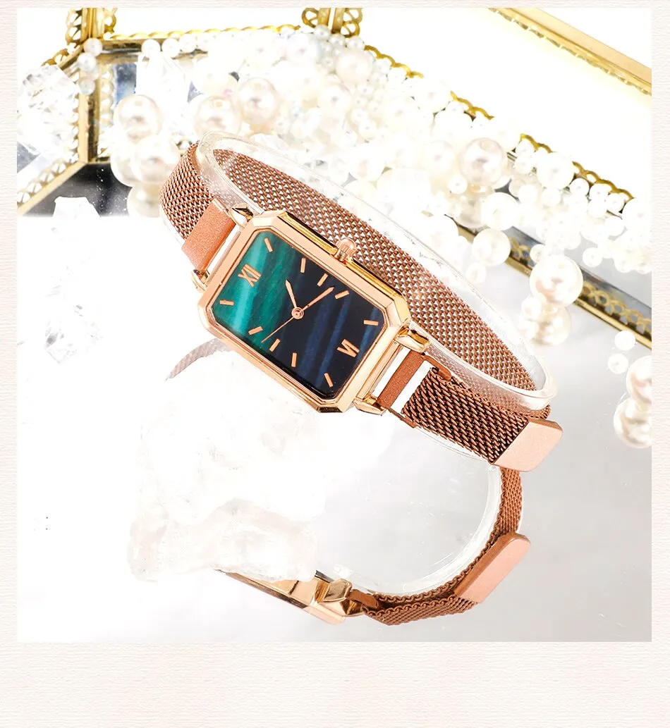 Women Watches Fashion Square Ladies Quartz Watch Bracelet Set Green Dial Simple Rose Gold Mesh Luxury Women Watches